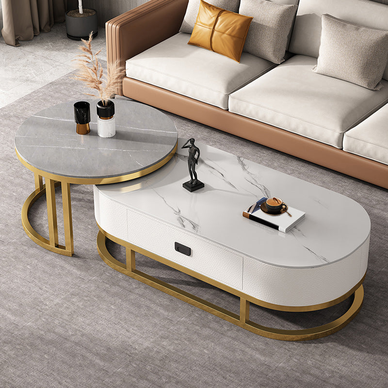 Slate Coffee Table Oval Nesting Coffee Table Set with Metal Legs