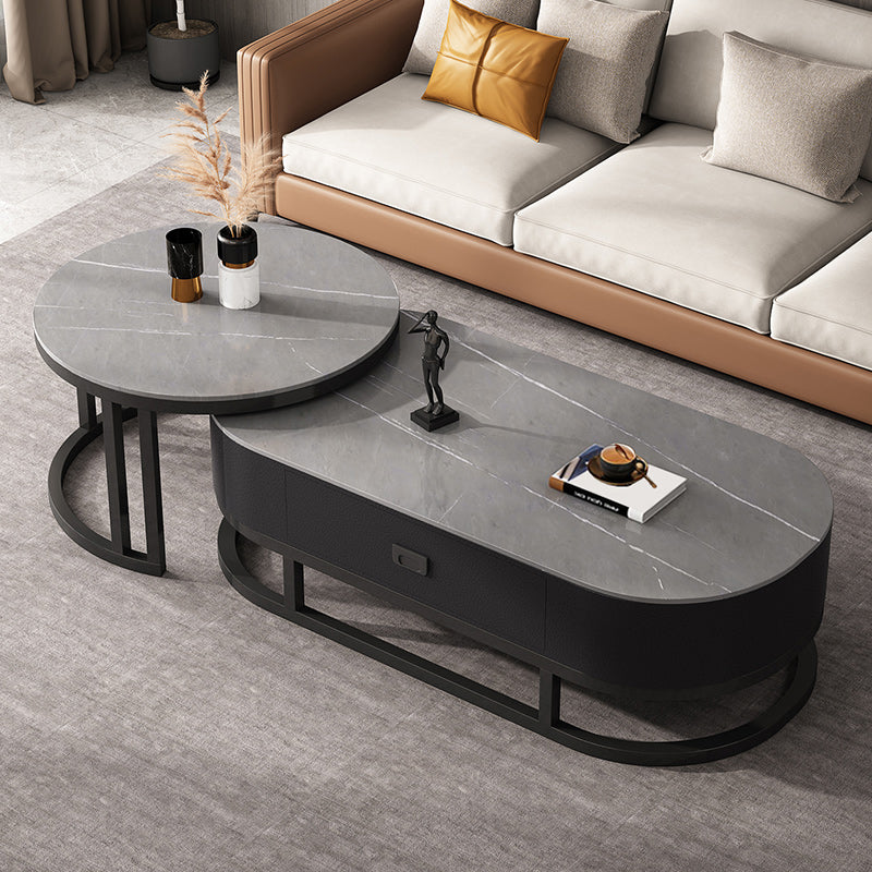 Slate Coffee Table Oval Nesting Coffee Table Set with Metal Legs