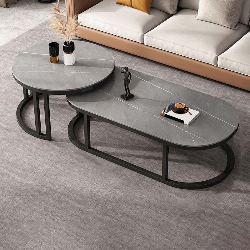 Slate Coffee Table Oval Nesting Coffee Table Set with Metal Legs