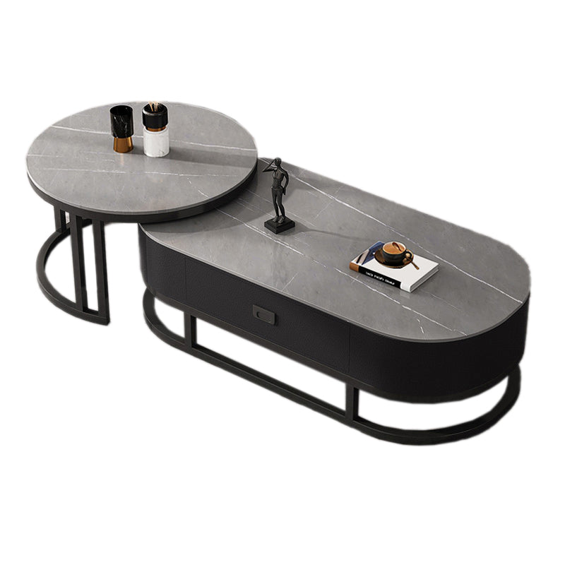 Slate Coffee Table Oval Nesting Coffee Table Set with Metal Legs