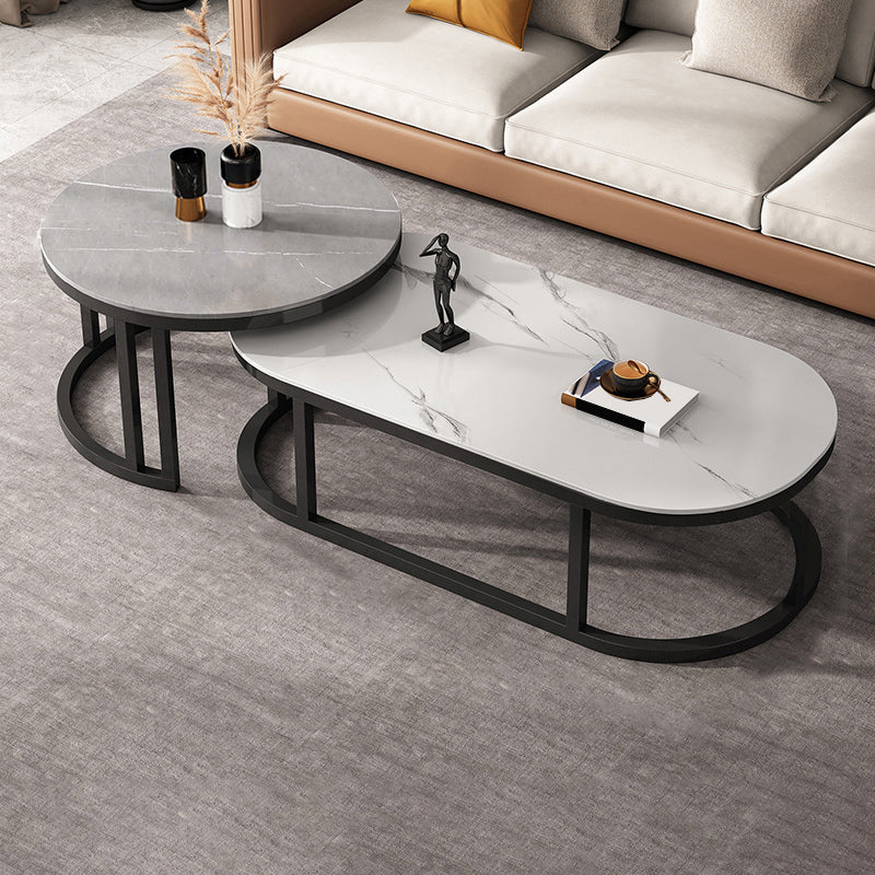 Slate Coffee Table Oval Nesting Coffee Table Set with Metal Legs