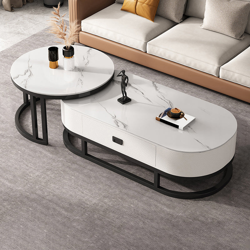 Slate Coffee Table Oval Nesting Coffee Table Set with Metal Legs