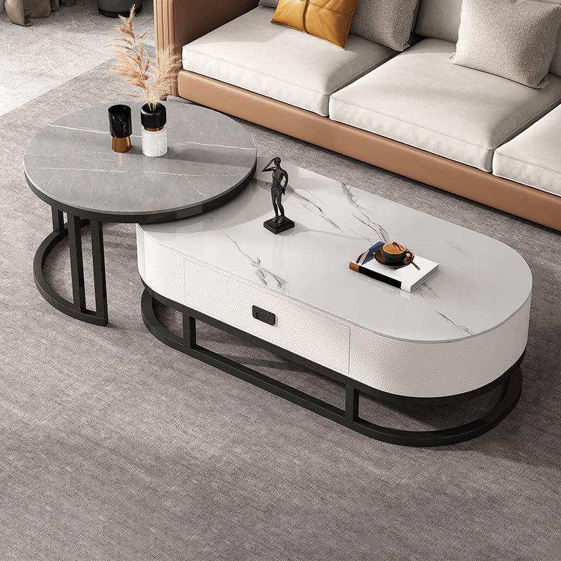 Slate Coffee Table Oval Nesting Coffee Table Set with Metal Legs