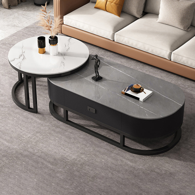 Slate Coffee Table Oval Nesting Coffee Table Set with Metal Legs
