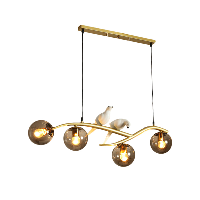 Lait blanc / fumée en verre gris globe lustre lumière minimale 4 lumières suspension suspension lumière en noir / or avec oiseaux déco