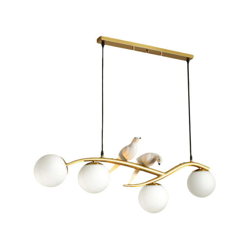 Milk White/Smoke Grey Glass Globe Chandelier Light Minimal 4 Lights Suspension Pendant Light in Black/Gold with Birds Deco