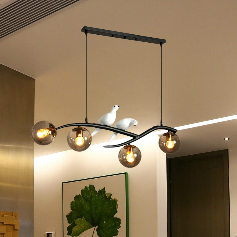 Milk White/Smoke Grey Glass Globe Chandelier Light Minimal 4 Lights Suspension Pendant Light in Black/Gold with Birds Deco
