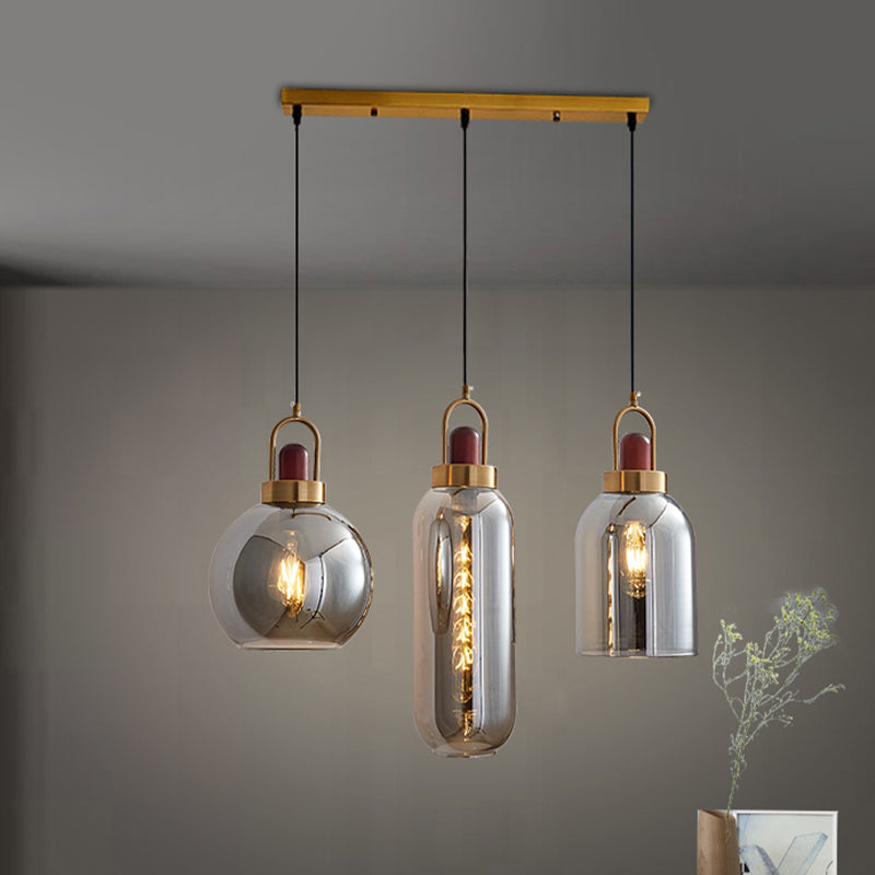 Grey Grey Glass Geometric Cluster Pendant Light Light Minimaliste Kit de lampe suspendue marron à 3 tête pour salle à manger