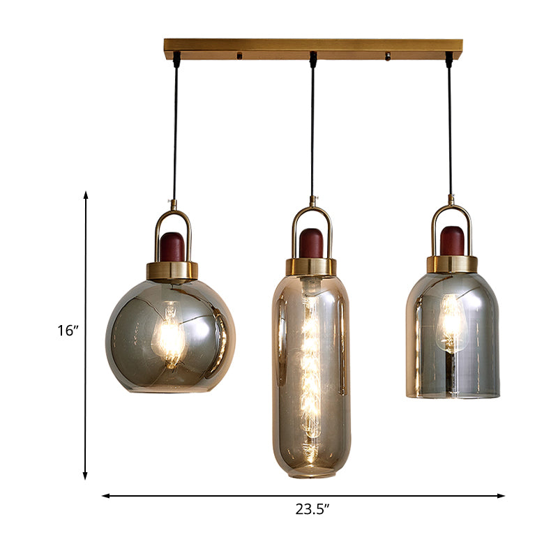 Smoke Grey Glass Geometric Cluster Pendant Light Minimalist 3-Head Brown Hanging Lamp Kit for Dining Room