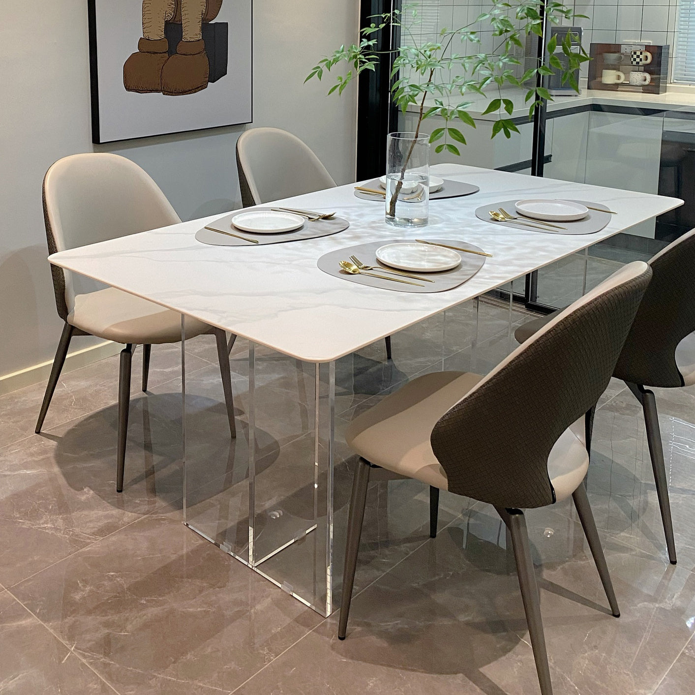 Glam Dining Table Set 1/2/5/7 Pieces with Acrylic Base Kitchen Furniture Set