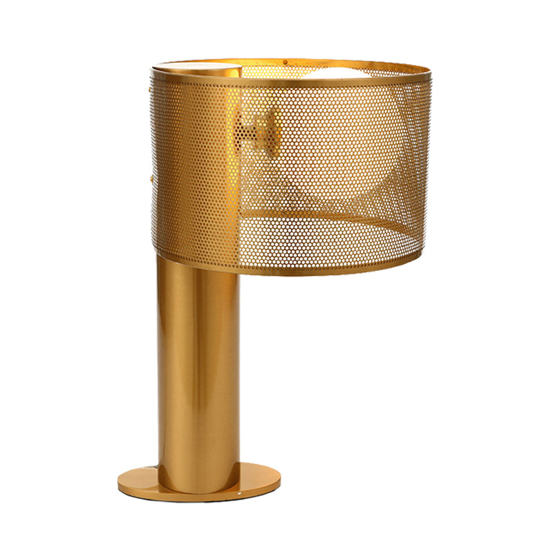 Metal Drum Mesh Night Table Light Post Modern 1 Head Desk Lamp in Gold with Orb Opal Glass Shade