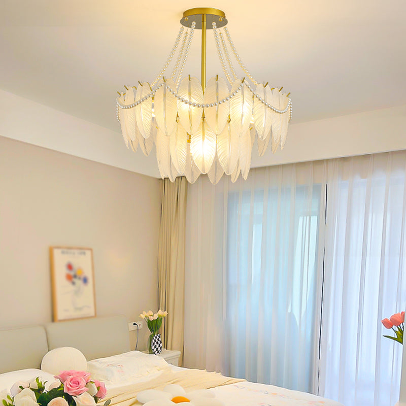 Modern Metal Ceiling Light Feather Shape Hanging Light with Glass Shade for Living Room