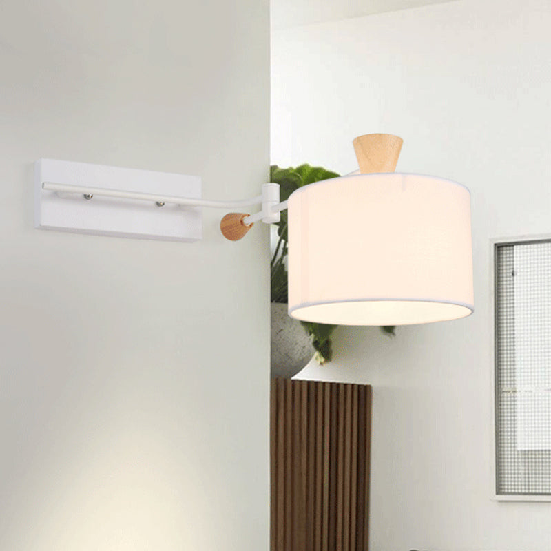 Iluminación de tela de batería de tambor Modernista 1 Bulbo Lámpara de pared de acabado blanco con brazo rotativo