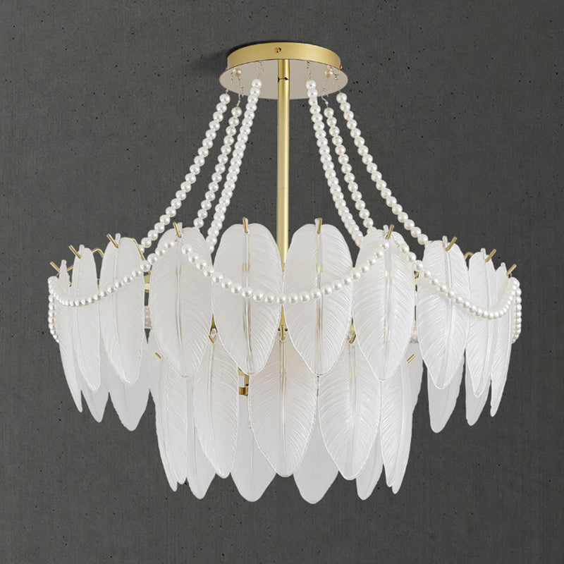 Modern Metal Ceiling Light Feather Shape Hanging Light with Glass Shade for Living Room
