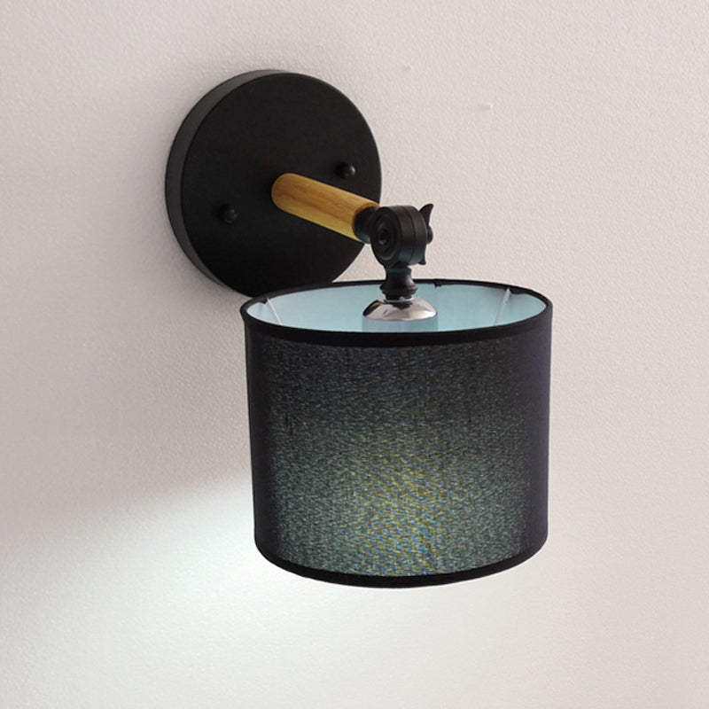 Modernism Armed Sconce Wood 1 Light Bedside Wall Lamp with Black Drum Fabric Shade