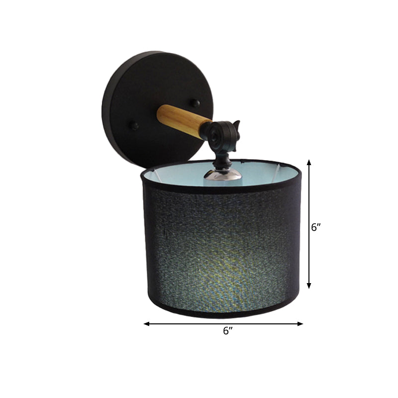 Modernism Armed Sconce Wood 1 Light Bedside Wall Lamp with Black Drum Fabric Shade