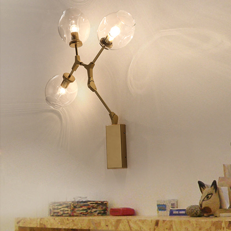 Metal Branch Sconce Light Fixture Post Modern 3 Bulbs Wall Lamp in Gold with Bud Dimpled Clear Glass Shade