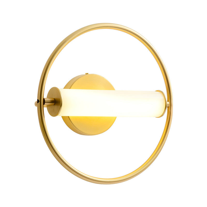 Ring Bedside Wall Light Fixture Metallic LED Modernism Sconce Lamp in Brass with Tube Opal Glass Shade