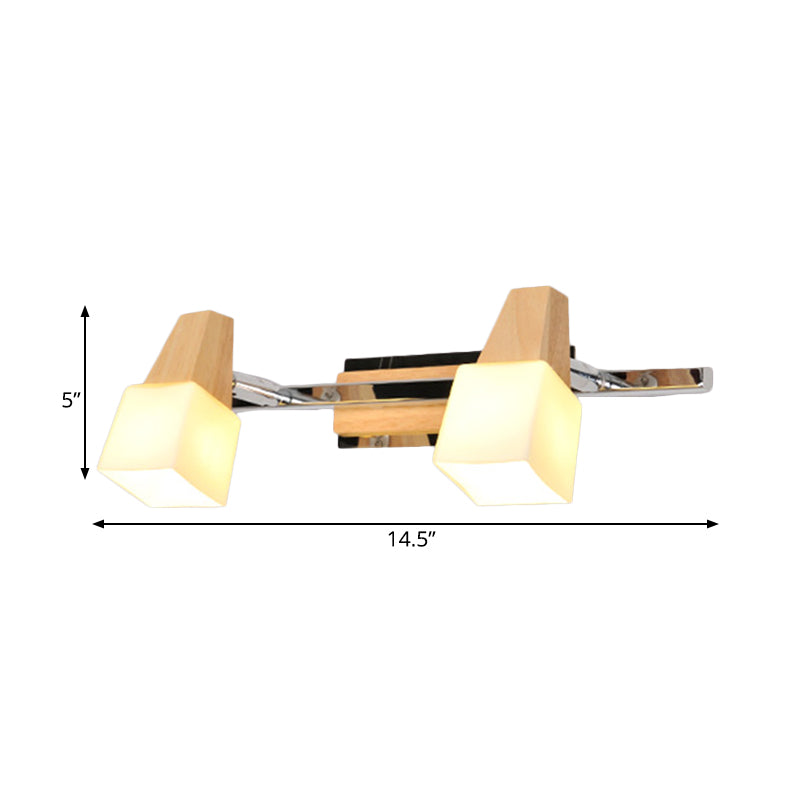Beige Cube Vanity Light Fixture Modernist 2-Light Milk White Glass Wall Mount Lamp with Wood Top