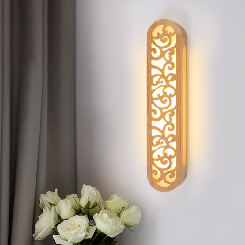 Chinese Style LED Flush Wall Sconce Beige Rectangle Wall Light Fixture with Carving Wood Shade