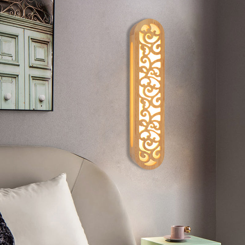 Chinese Style LED Flush Wall Sconce Beige Rectangle Wall Light Fixture with Carving Wood Shade