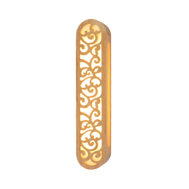 Chinese Style LED Flush Wall Sconce Beige Rectangle Wall Light Fixture with Carving Wood Shade