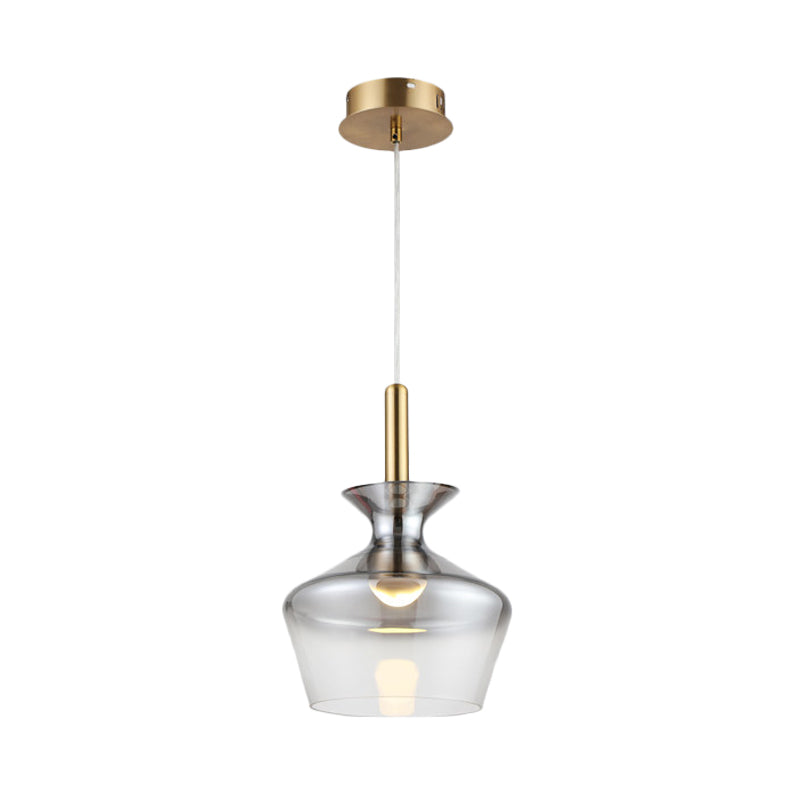 Cup Shaped Ceiling Light Post Modern Smoke Gray Glass LED Restaurant Pendant Lamp in Brass