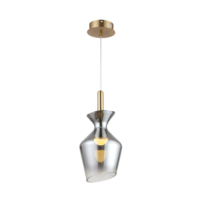 Minimalist LED Ceiling Light Brass Cup-Shape Suspension Pendant with Smoke Gray Glass Shade