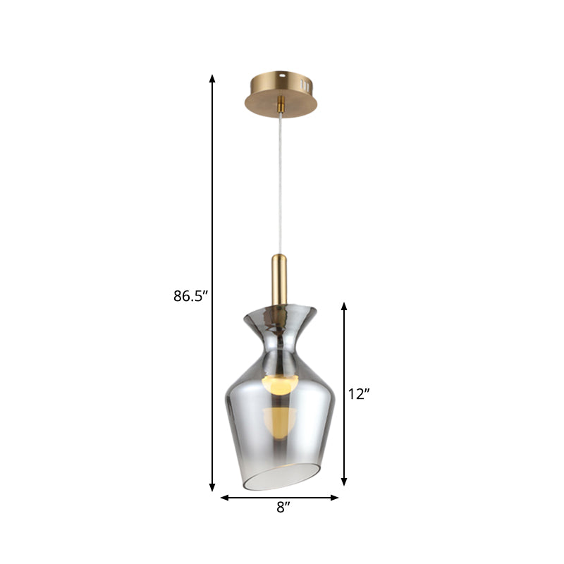 Minimalist LED Ceiling Light Brass Cup-Shape Suspension Pendant with Smoke Gray Glass Shade