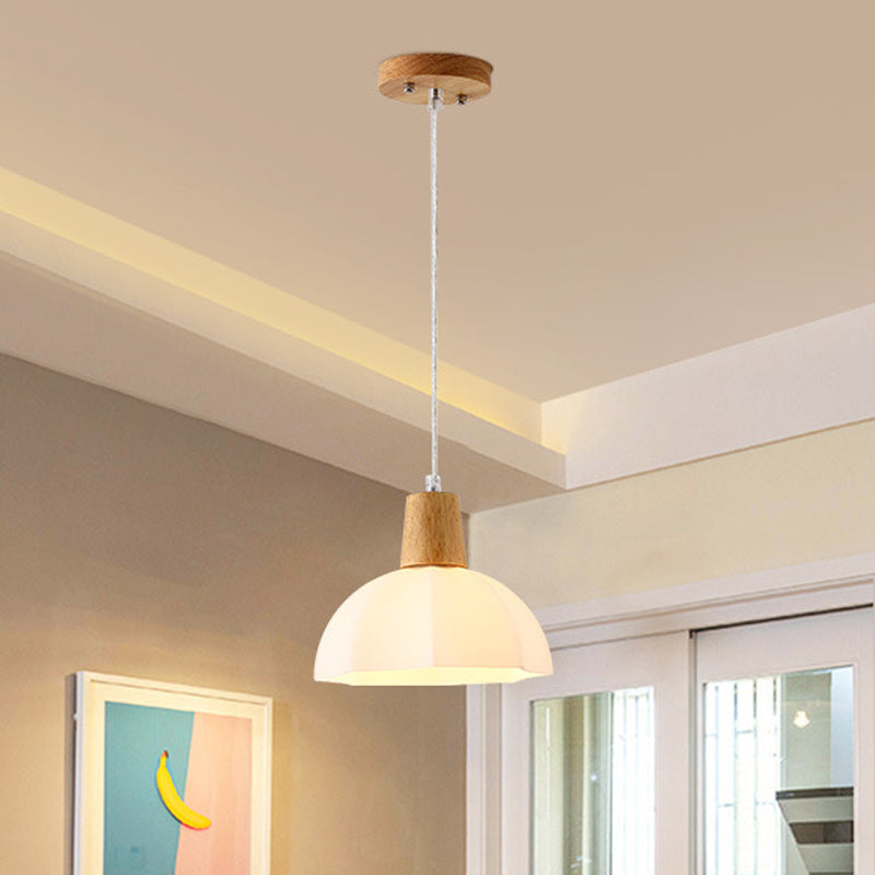 White Frosted Glass Umbrella Pendant Lighting Modernist 1-Light Beige Hanging Ceiling Lamp with Wood Cap