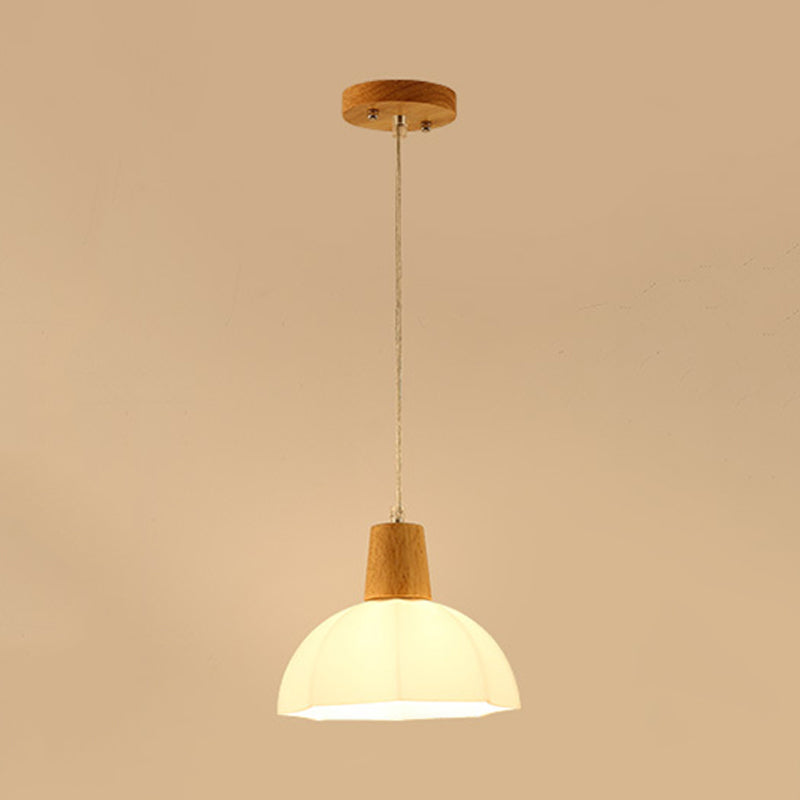White Frosted Glass Umbrella Pendant Lighting Modernist 1-Light Beige Hanging Ceiling Lamp with Wood Cap
