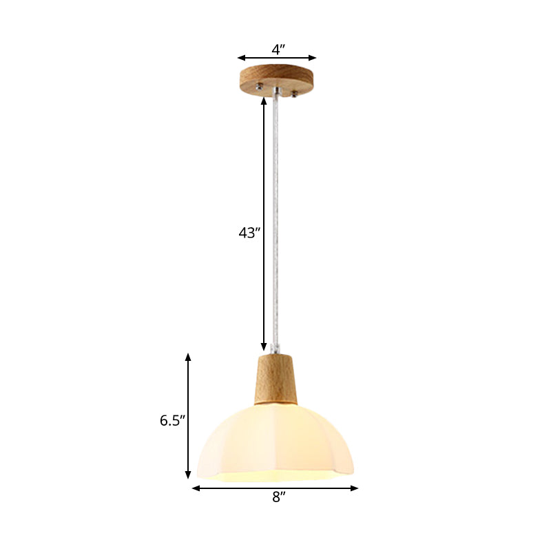 White Frosted Glass Umbrella Pendant Lighting Modernist 1-Light Beige Hanging Ceiling Lamp with Wood Cap