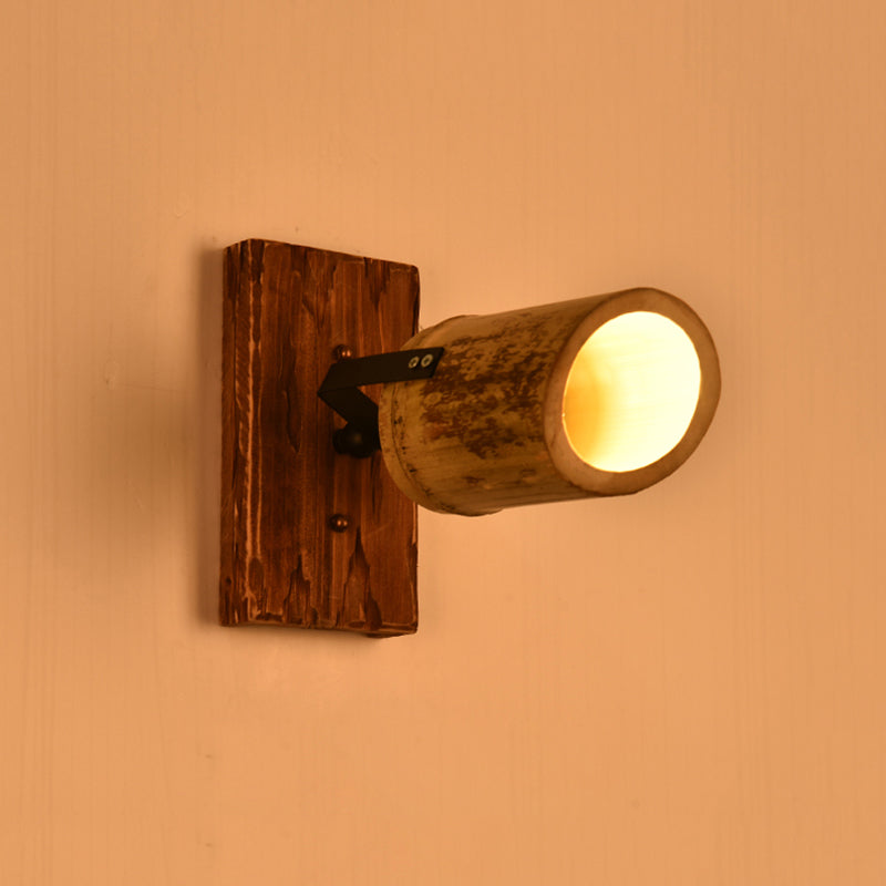 Vintage Cylinder Wall Light Sconce 2/3-Light Bamboo Wall Lamp in Brown with Linear Wood Backplate