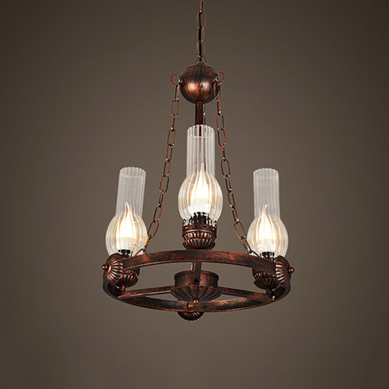 Vase en verre côtelé transparent suspendu kit d'éclairage de pendentif balcon de balcon d'usine de lustre à 3 bulbs avec conception de roue en fer