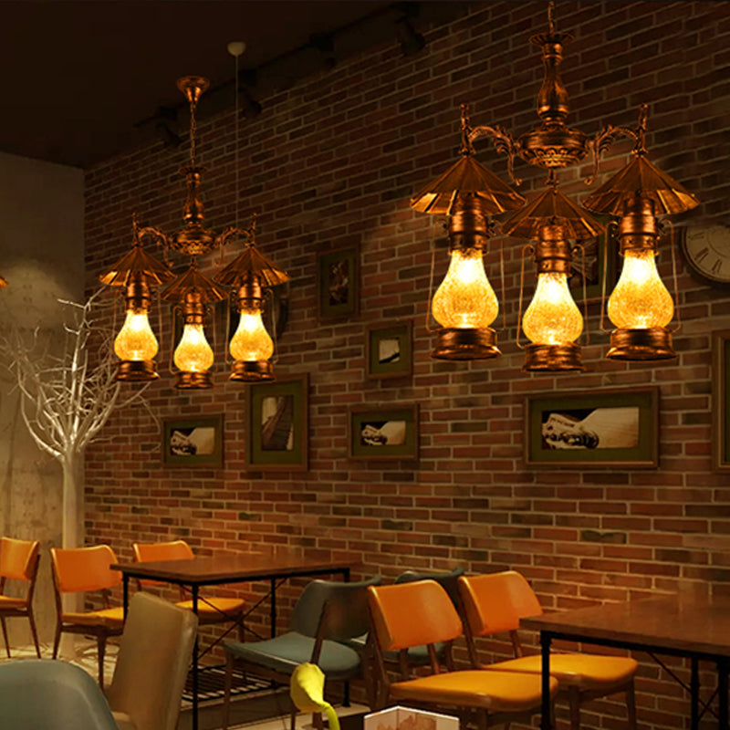 Bronze 3 Heads Pendant Chandelier Warehouse Yellow Crackle/White Glass Kerosene Hanging Ceiling Light for Restaurant