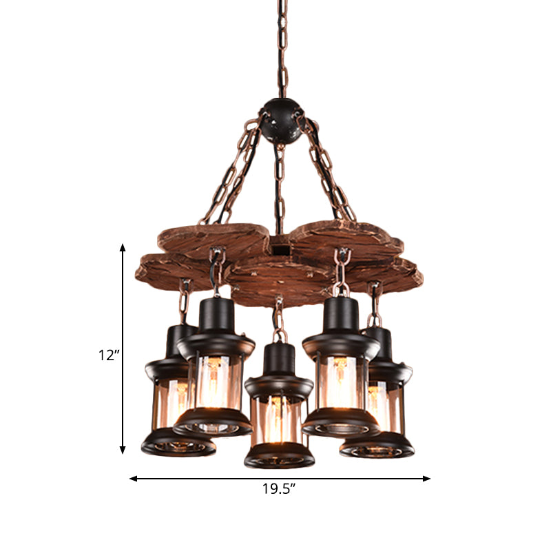 5 lumières Lumières lustres luminaire Ferme Pendre en bois avec lanterne en verre transparent en noir