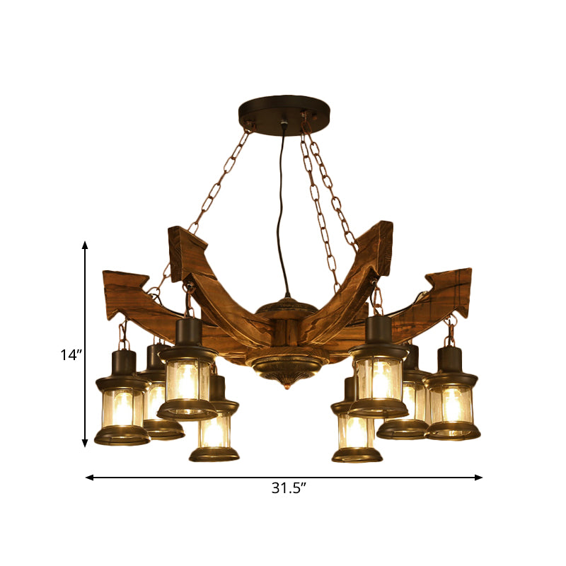 8 Lights Pendant Chandelier Farm Clear Glass Suspension Lamp in Black with Wood Anchor Deco