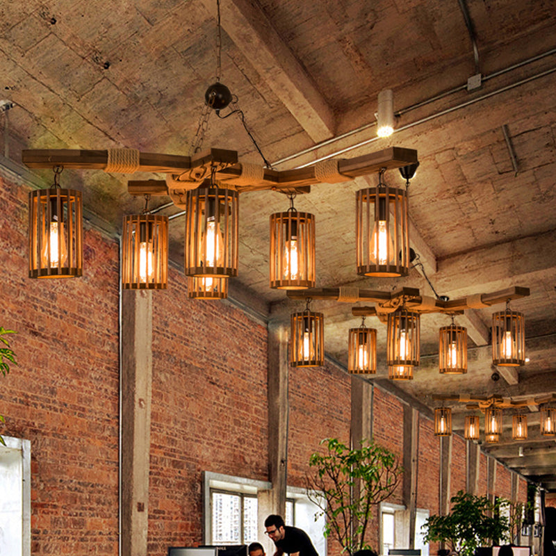 Cilindro de iluminación de araña marrón de madera Kit de luz colgante vintage de 3/6 luces con haz de rama