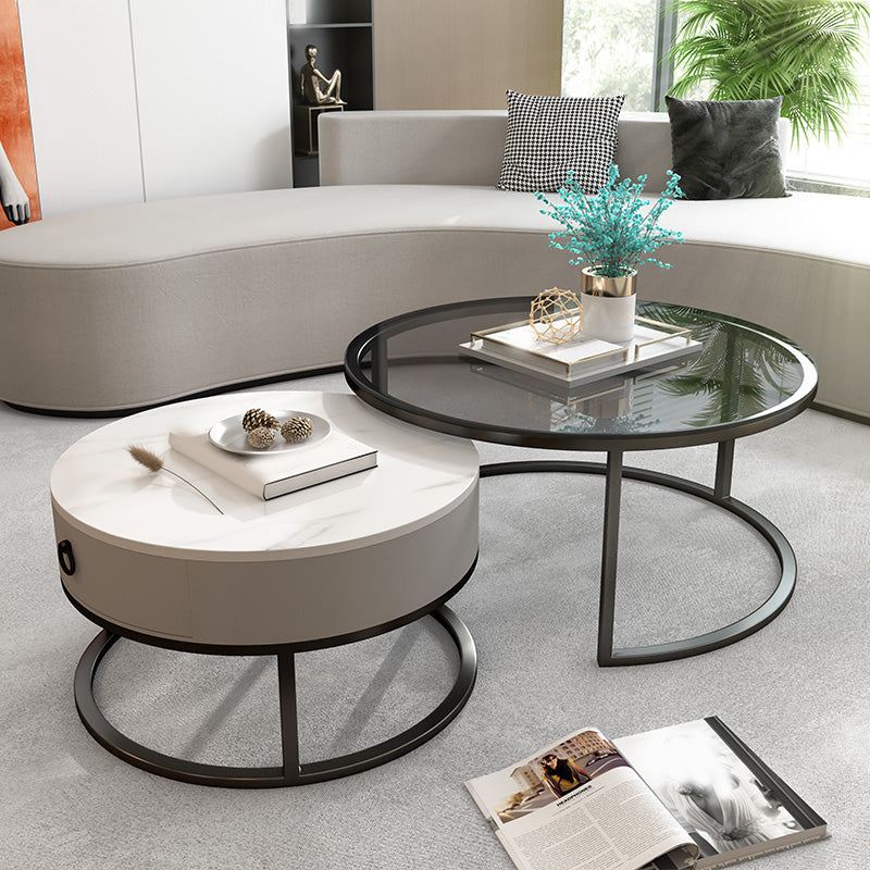 Round Glass Top Coffee Table Contemporary Frame Coffee Cocktail Table with Drawers