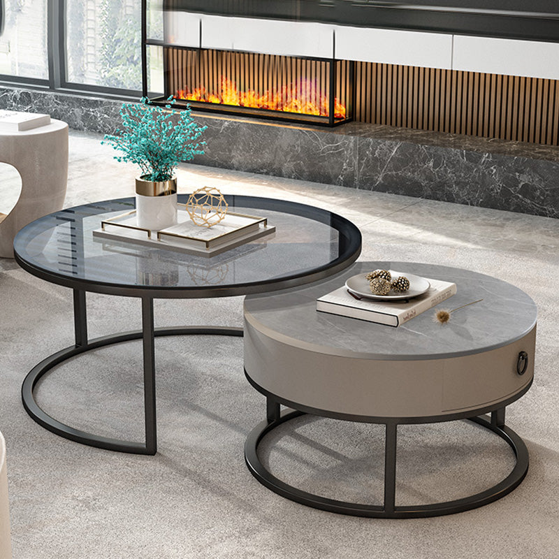 Round Glass Top Coffee Table Contemporary Frame Coffee Cocktail Table with Drawers