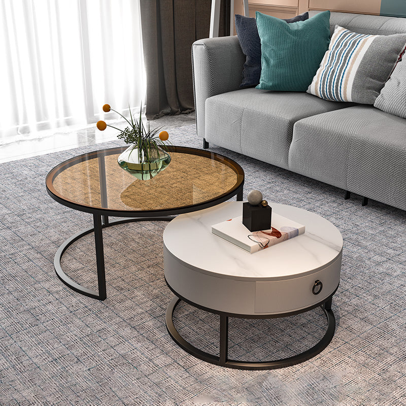 Round Glass Top Coffee Table Contemporary Frame Coffee Cocktail Table with Drawers