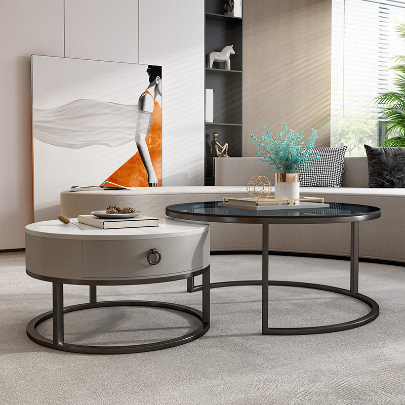 Round Glass Top Coffee Table Contemporary Frame Coffee Cocktail Table with Drawers