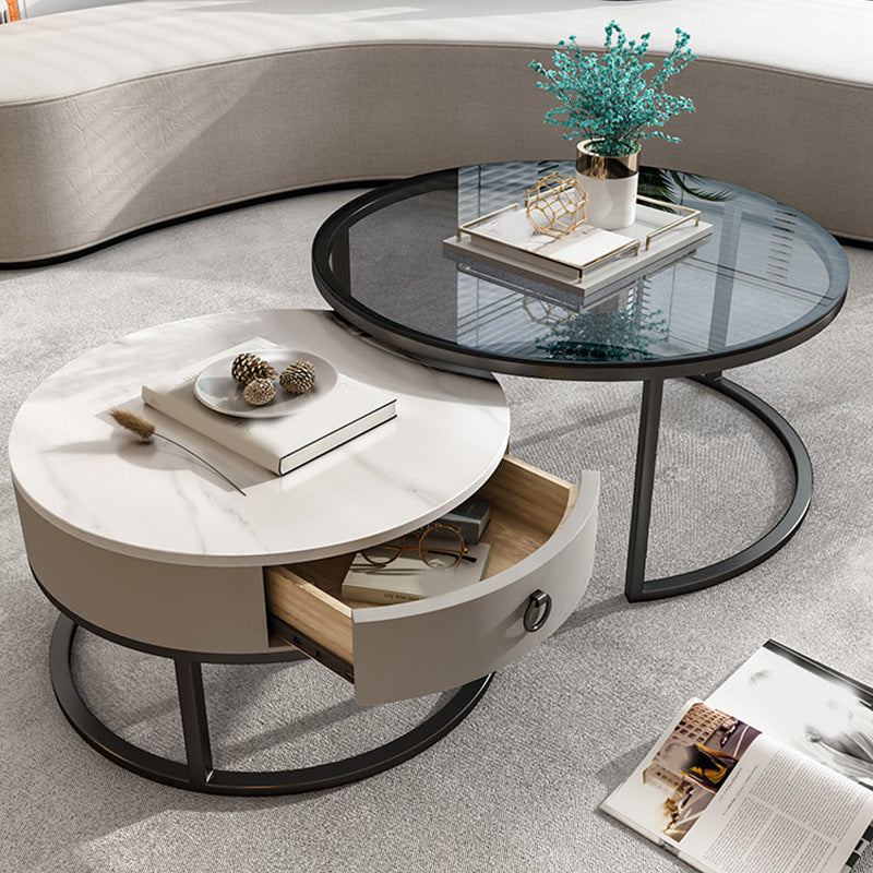 Round Glass Top Coffee Table Contemporary Frame Coffee Cocktail Table with Drawers