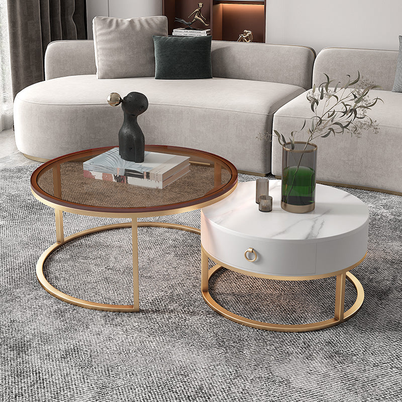 Round Glass Top Coffee Table Contemporary Frame Coffee Cocktail Table with Drawers