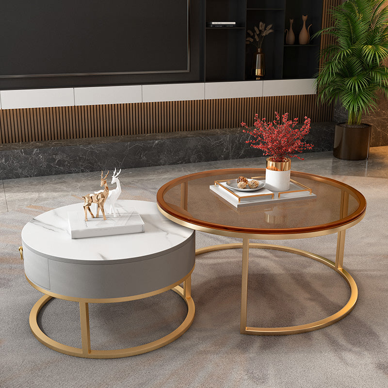 Round Glass Top Coffee Table Contemporary Frame Coffee Cocktail Table with Drawers