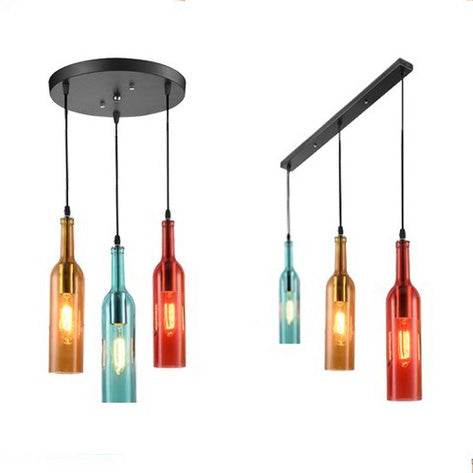 3 Lights Hanging Light with Wine Bottle Glass Shade Industrial Bar Pendant Lamp in Black, Round/Linear Canopy