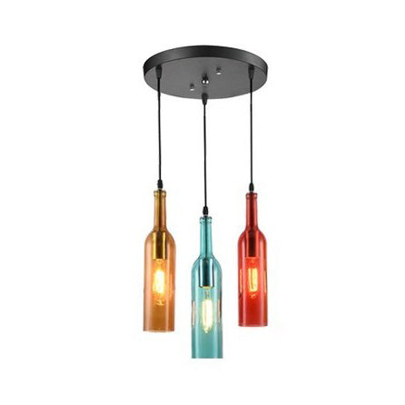 3 Lights Hanging Light with Wine Bottle Glass Shade Industrial Bar Pendant Lamp in Black, Round/Linear Canopy
