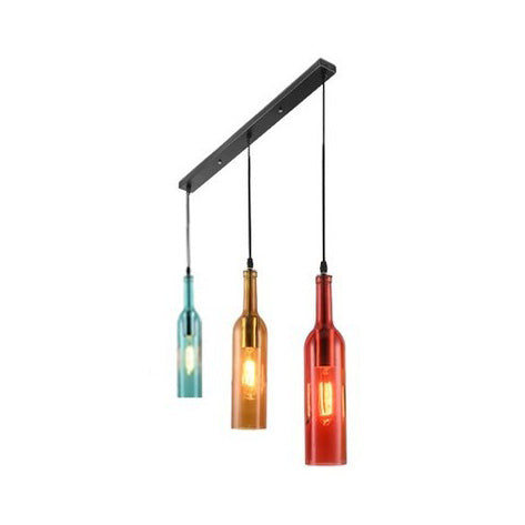 3 Lights Hanging Light with Wine Bottle Glass Shade Industrial Bar Pendant Lamp in Black, Round/Linear Canopy