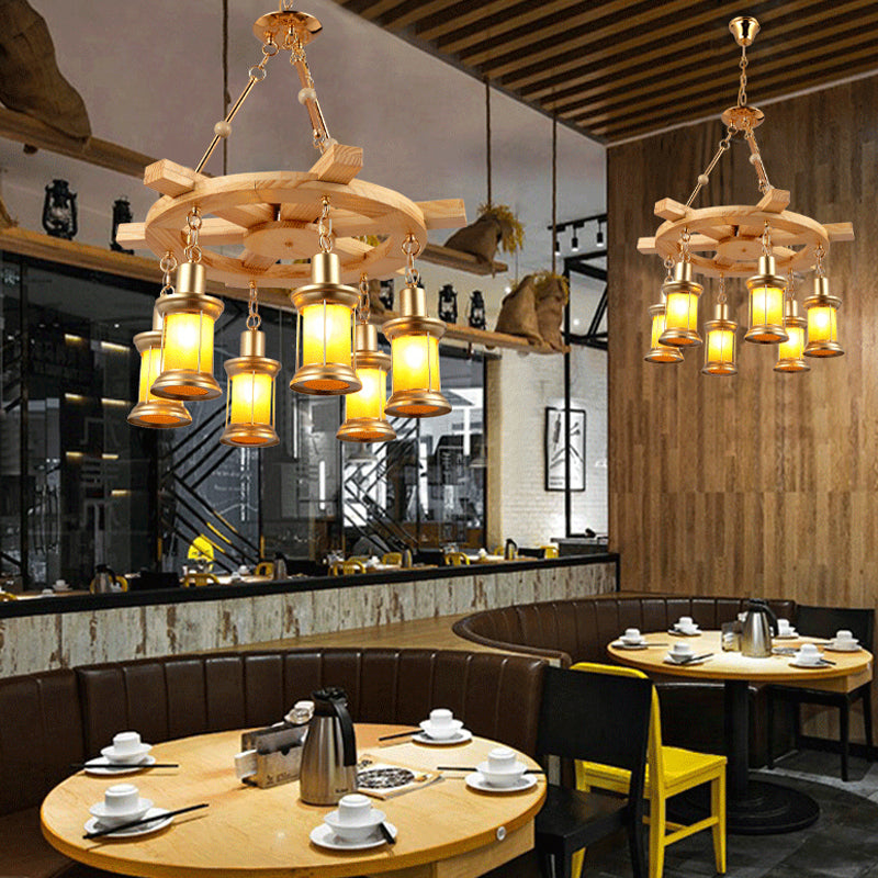 Lanterne de lampe à lustre en or orange Lanterne à 6 feu d'éclairage de pendentif industriel avec déco de gouvernail de bois en bois
