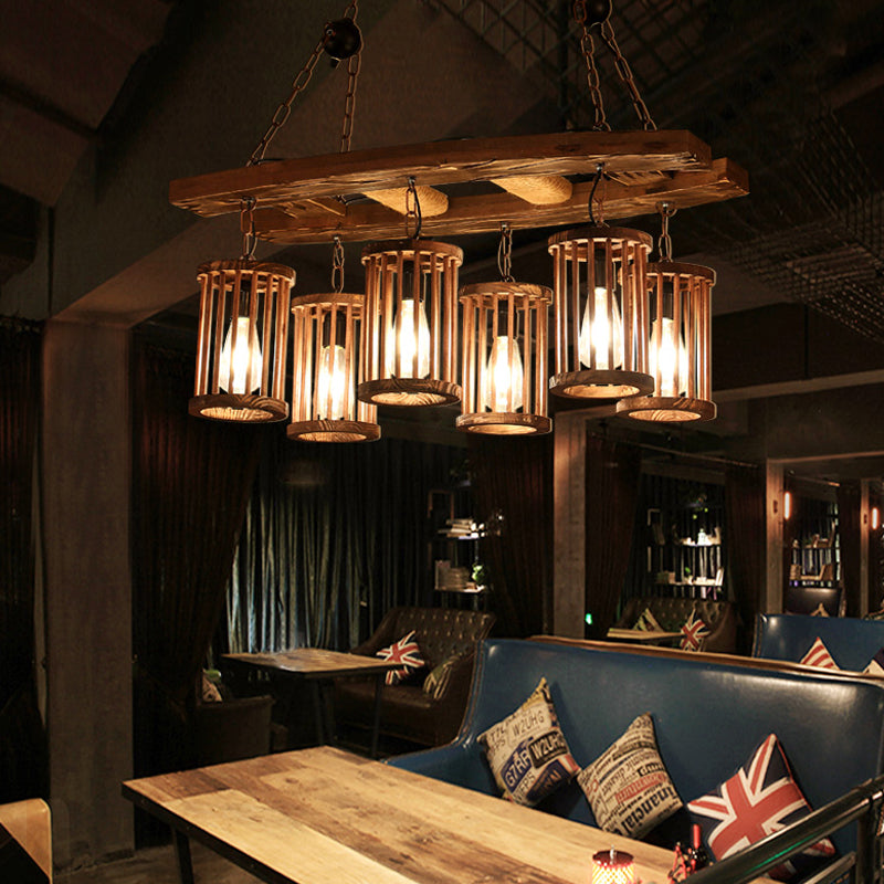 Factory Cylinder Hanging Island Light 6-Light Wood Pendant Chandelier with Ladder Deco